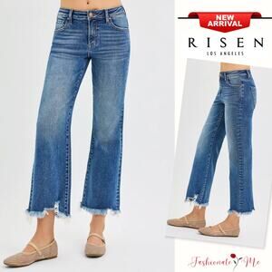 RISEN Mid Rise Waist Raw Hem Zipper Fly Dark Wash Cropped Straight Denim Jeans